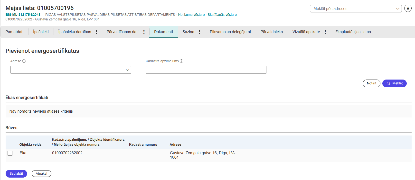 Attēls. Energosertifikātu pievienošana Mājas lietā.