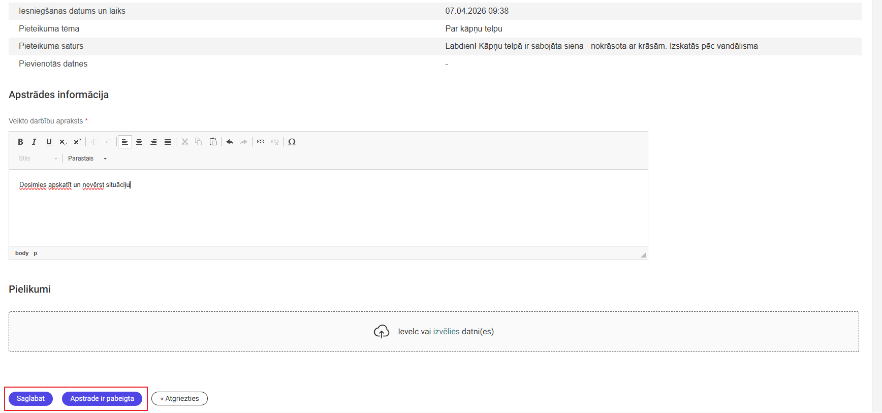 Attēls. Apsekošanas vizītes pieteikuma apstrāde.
