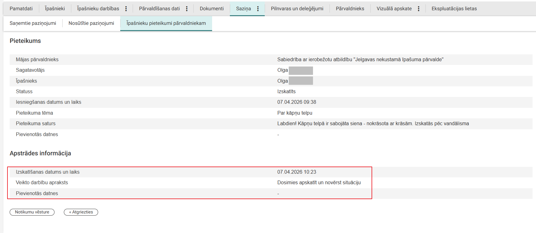 Attēls. Apsekošanas vizītes pieteikuma apstrādes informācija