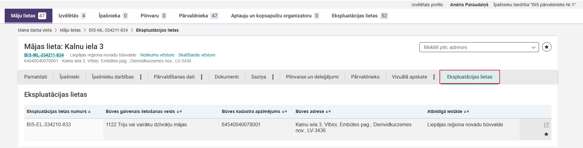 Attēls. Māju lietas sadaļa %22Ekspluatācijas lietas%22.