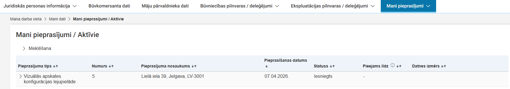 Attēls. Izveidotais izdrukas pieprasījums sadaļā %22Mani pieprasījumi%22.
