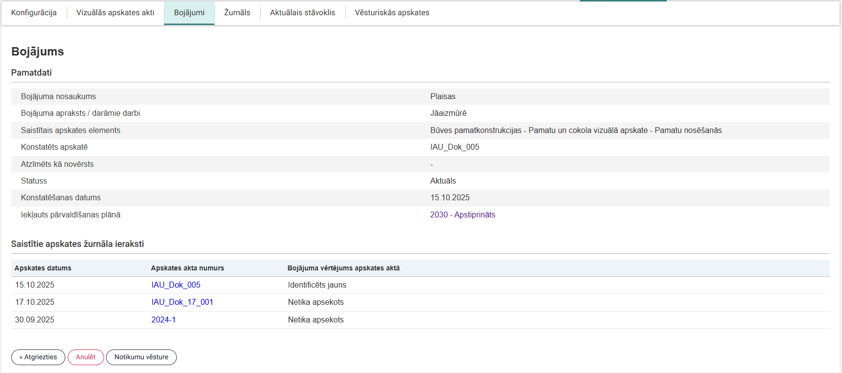 Attēls. Bojājuma dati.