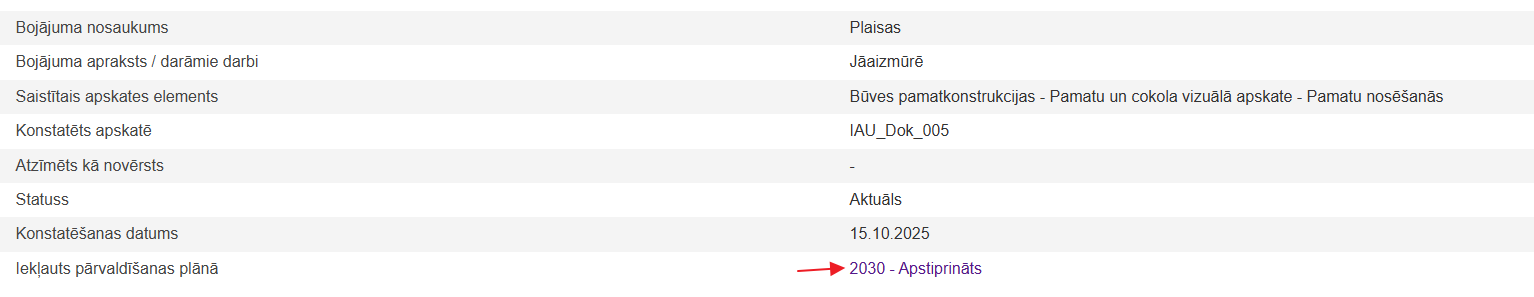 Attēls. Bojājums iekļauts pārvaldīšanas plānā.