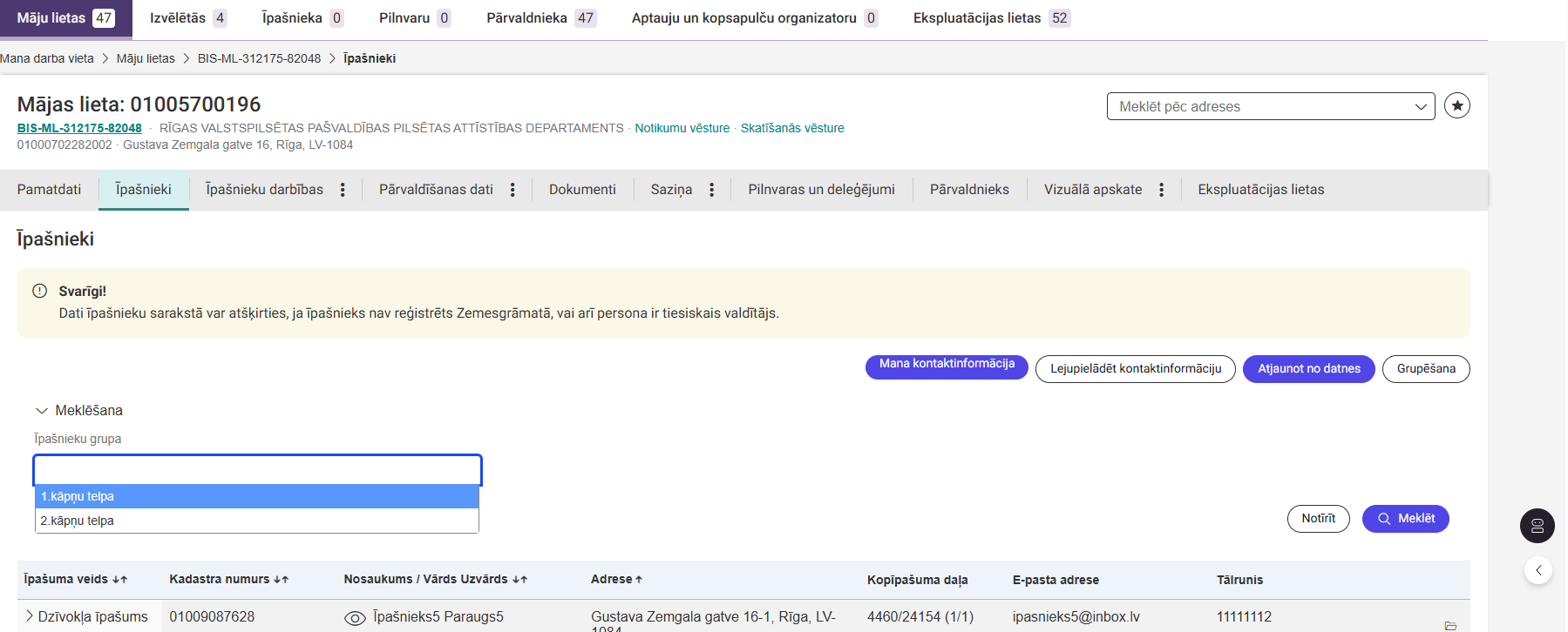 Attēls. Atlasīt pēc grupas dzīvokļu īpašniekus.