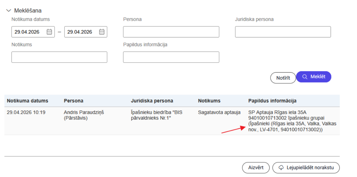 Attēls. Ieraksts notikumu vēsturē par aptaujas izveidošanu īpašnieku grupai.