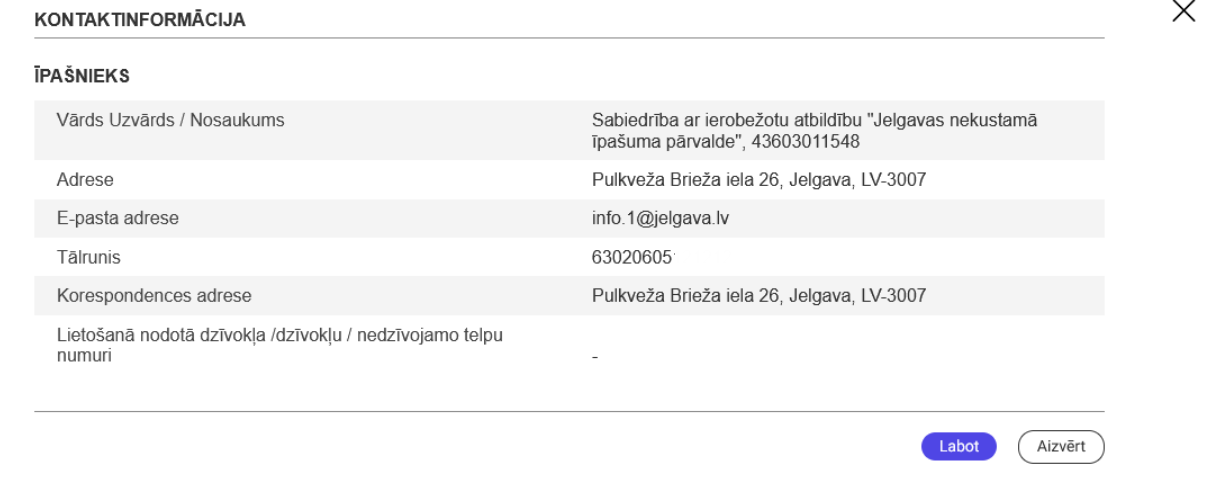 Attēls. Lietotāja Juridiskas personas kontaktinformācija.