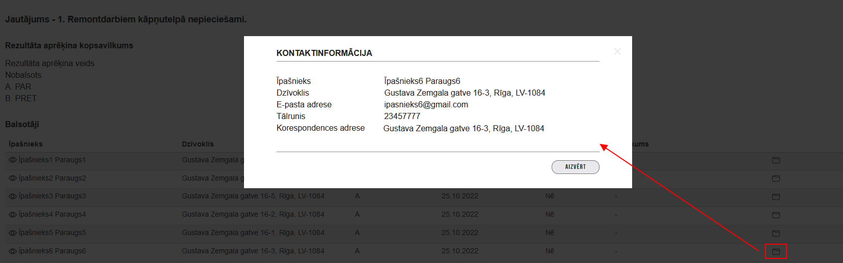 Attēls. Īpašnieka kontaktdatu apskates iespēja kopsapulces datos.