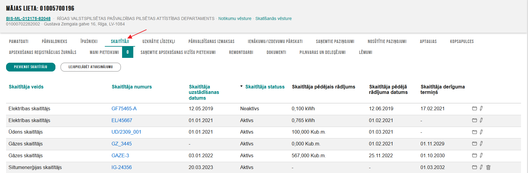 Attēls. Māju lietas. Sadaļa “Skaitītāji”.