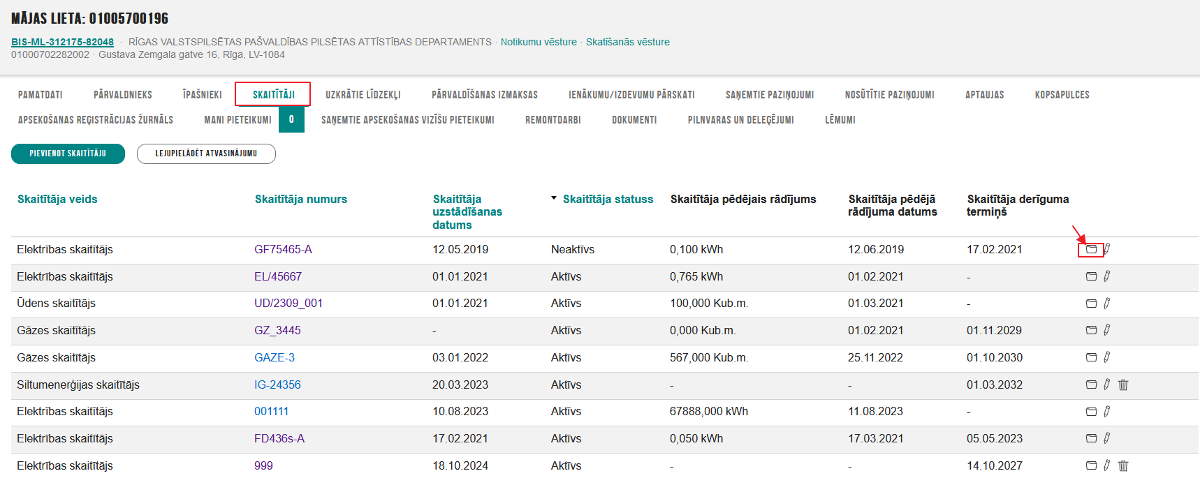 Attēls. Skaitītāja detalizēto datu atvēršana.