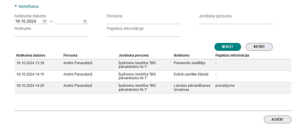 Attēls. Māju lietas notikumu vēstures ieraksts.