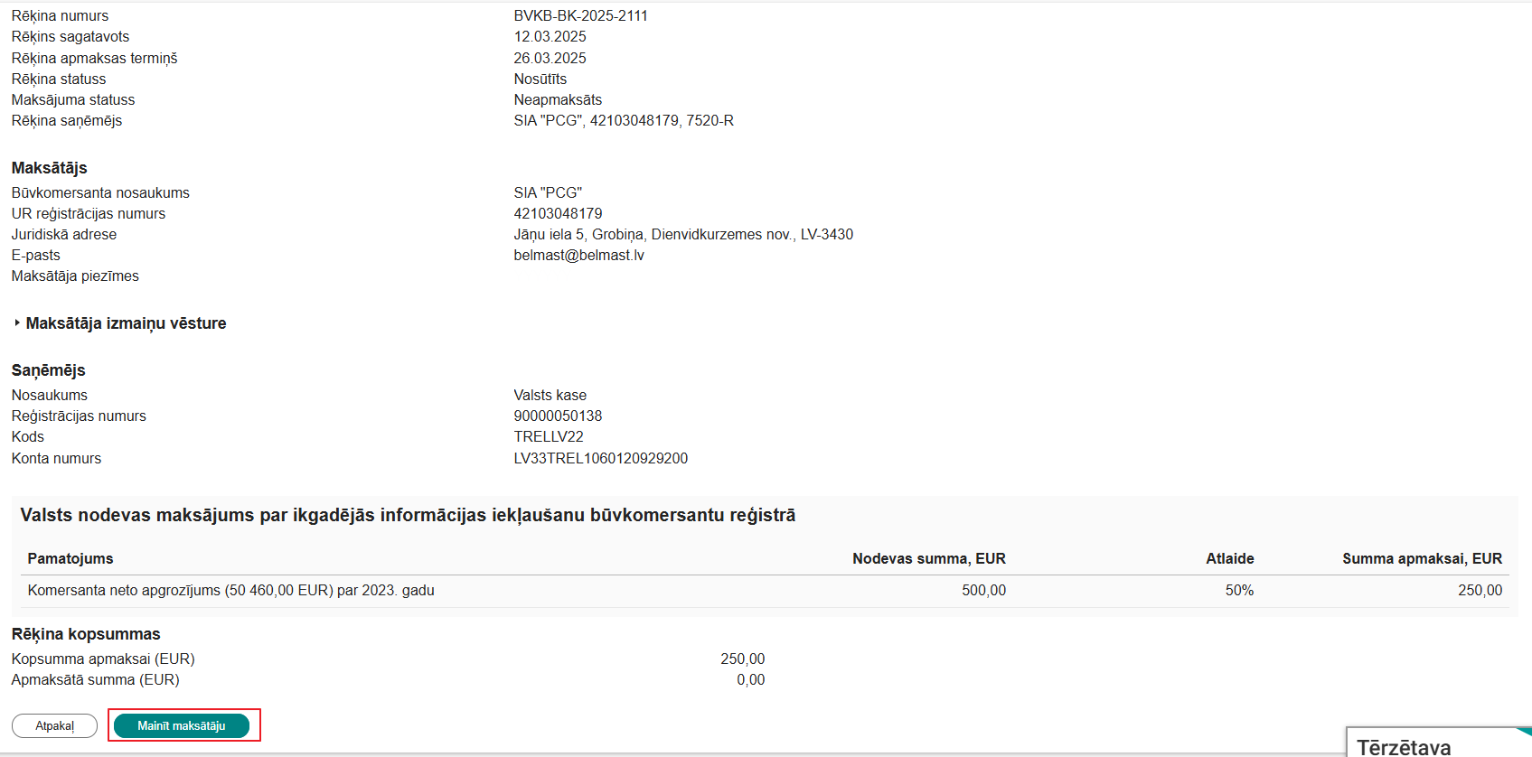 Attēls. Poga %22Mainīt maksātāju%22.