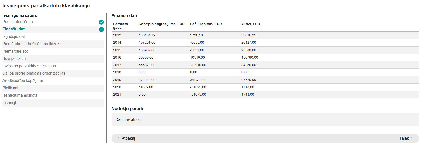 Attēls. Iesniegums par atkārtotu klasifikāciju finanšu dati un nodokļu parādi.