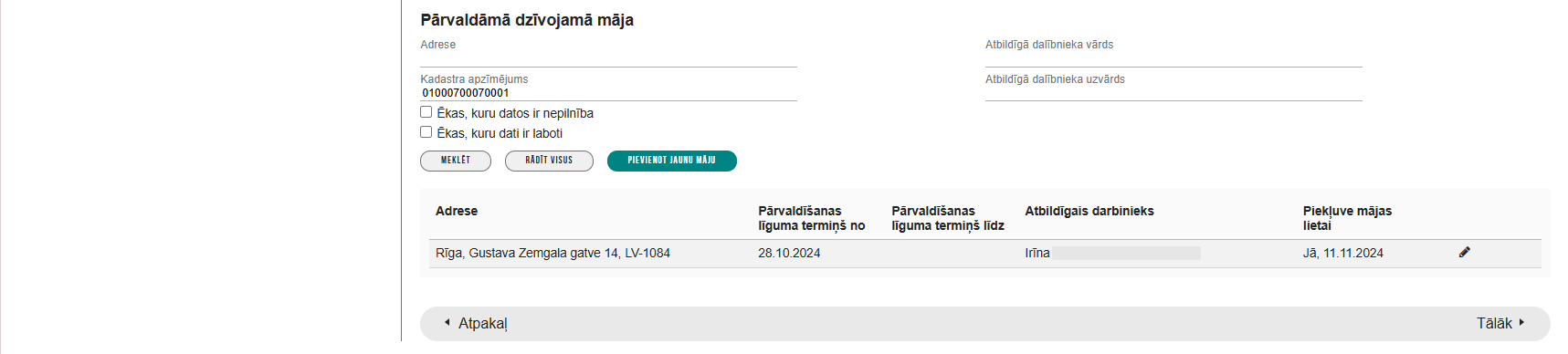 Attēls. Iesnieguma par reģistrāciju māju pārvaldnieku reģistrā solis “Pārvaldāmās dzīvojamās mājas”