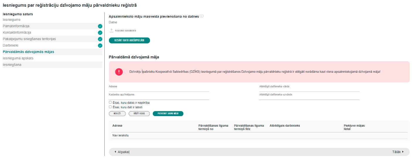 Attēls. Sistēmas kļūdas paziņojums par nenorādītu apsaimniekojamo Dzīvojamo māju.