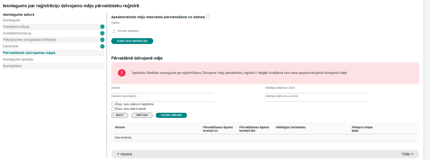 Attēls. Sistēmas kļūdas paziņojums par nenorādītu apsaimniekojamo Dzīvojamo māju.