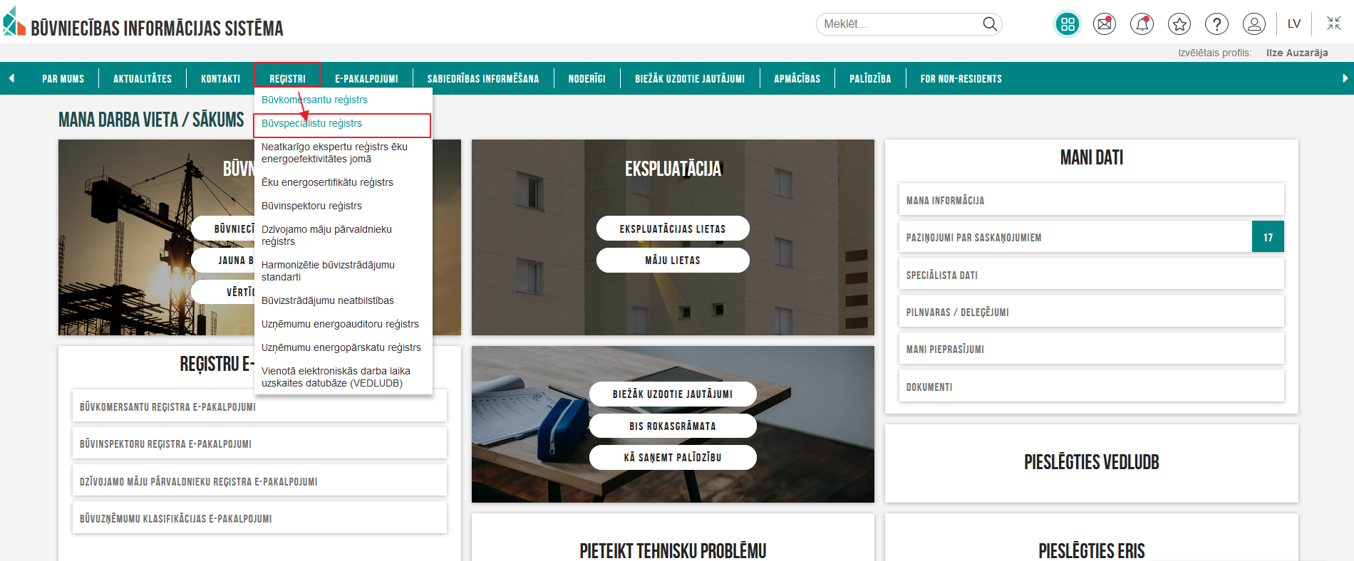 Attēls. Būvspeciālistu reģistra izvēlne.