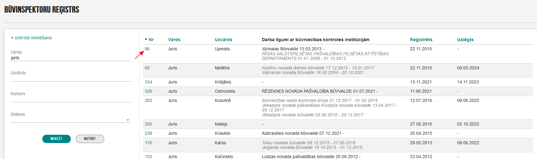 Attēls. Būvinspektoru detalizēto datu atvēršana.