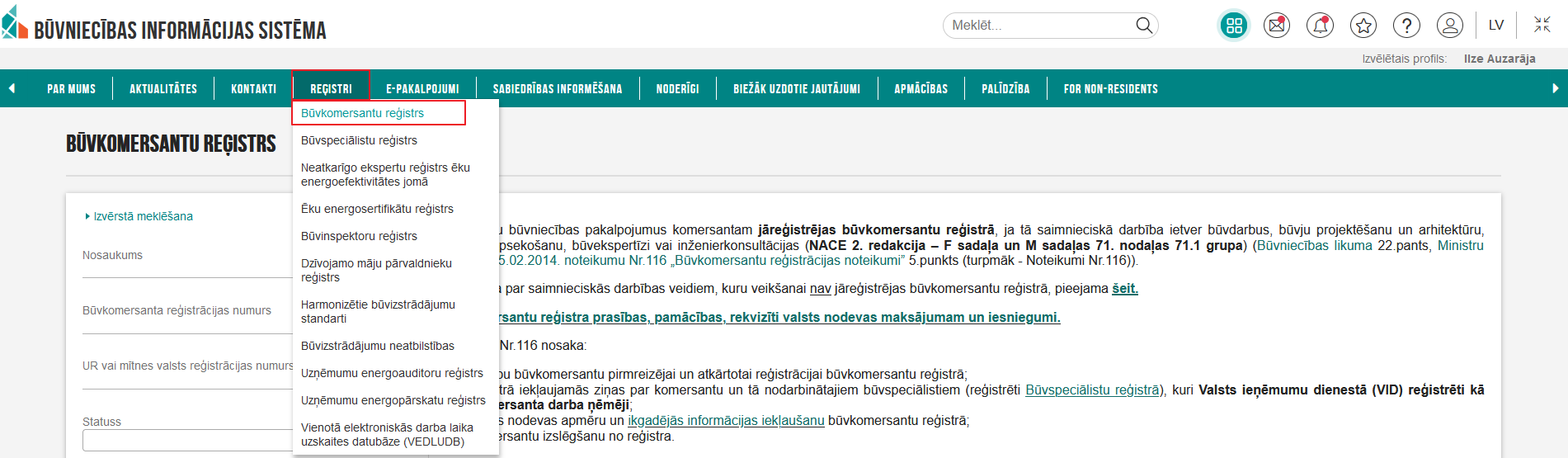Attēls. Būvkomersantu reģistra izvēlne.