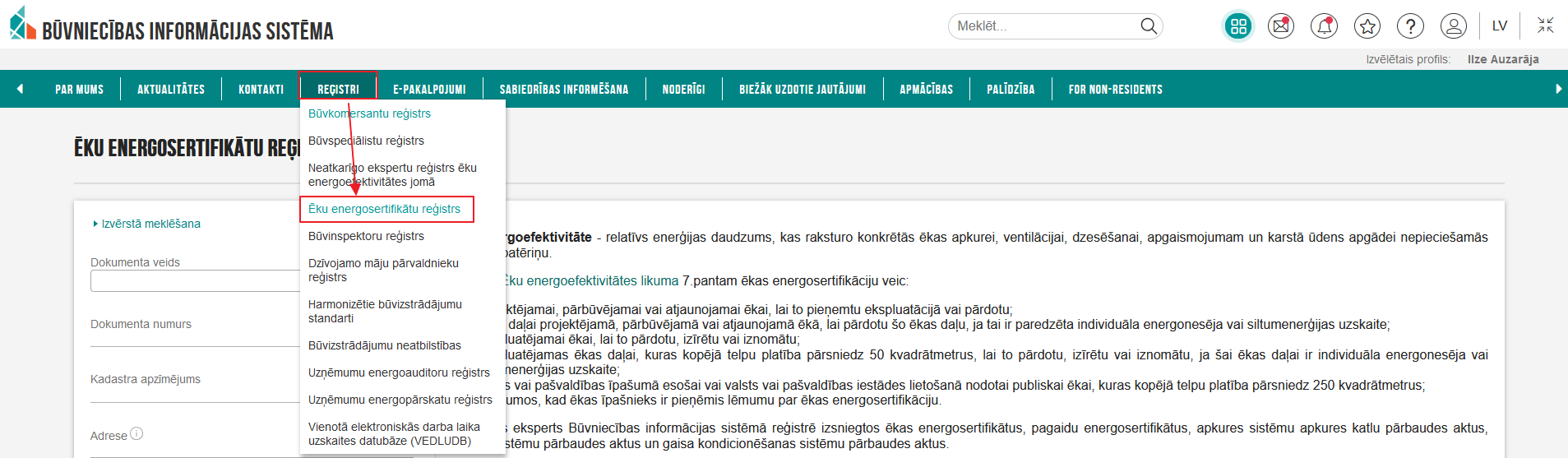 Attēls. Ēku energosertifikātu reģistra izvēlne.