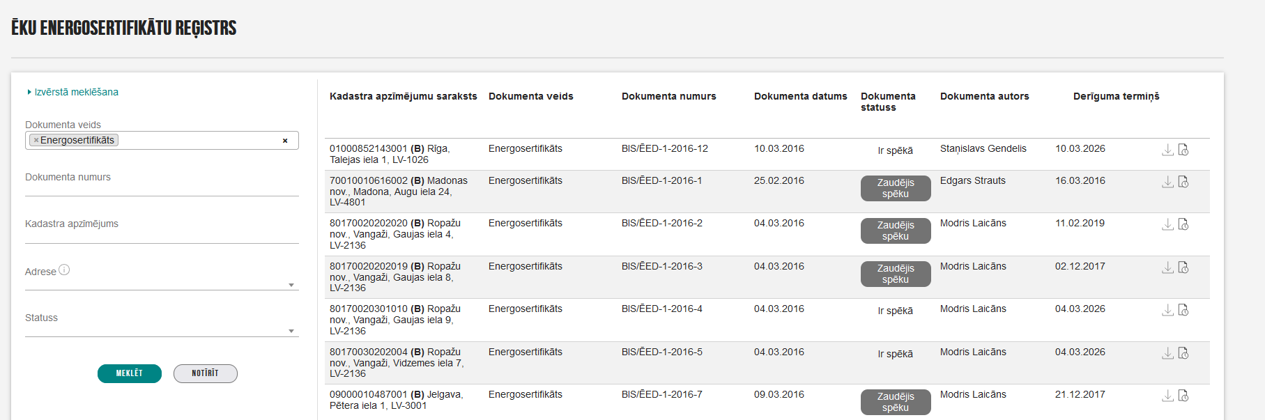 Attēls. Ēku energosertifikātu reģistra saraksts.