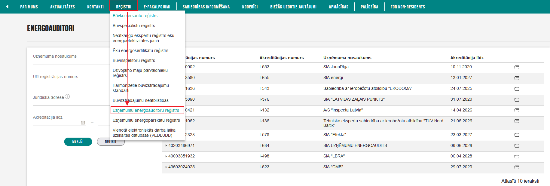 Attēls. Uzņēmumu energoauditoru saraksta atvēršana.