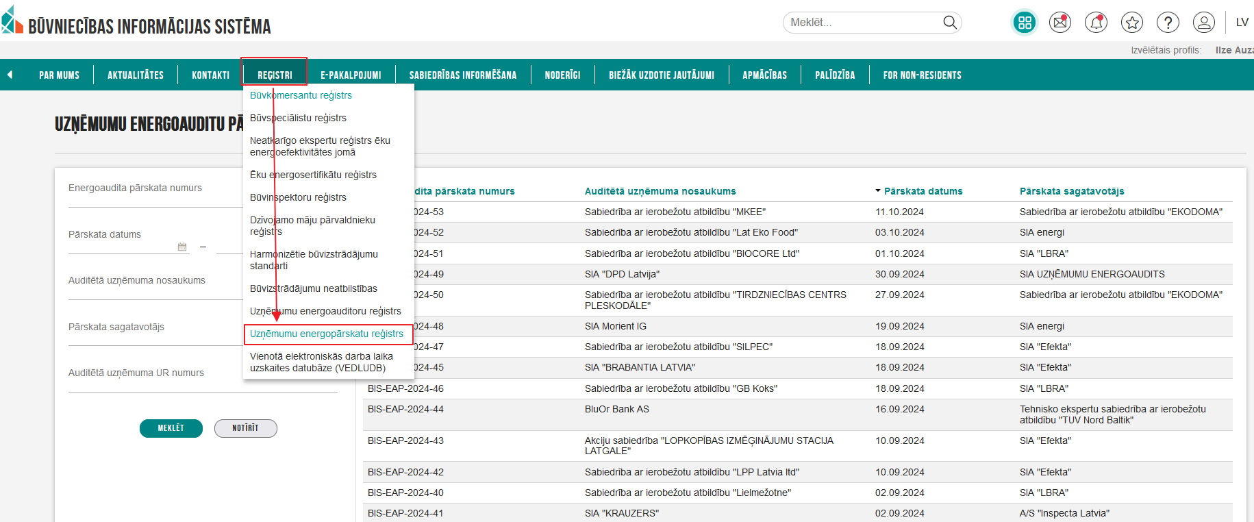 Attēls. Uzņēmumu energoauditu pārskatu saraksta atvēršana.