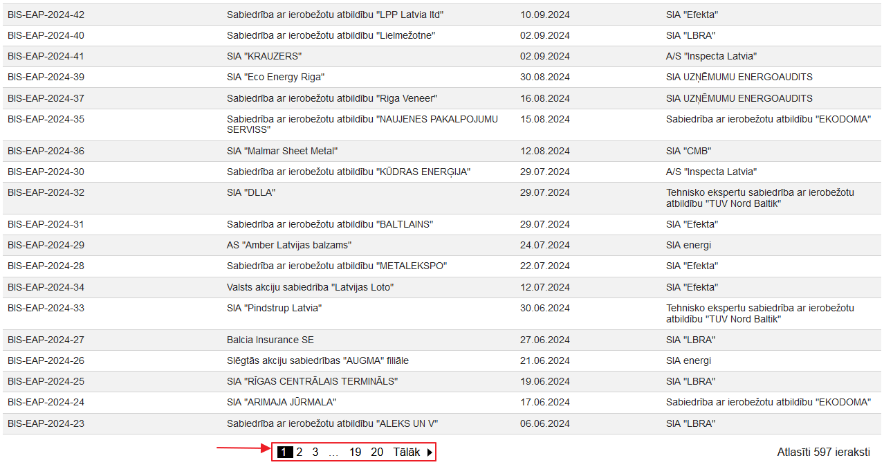 Attēls. Uzņēmumu energoauditu pārskatu saraksts, lapošanas iespēja.