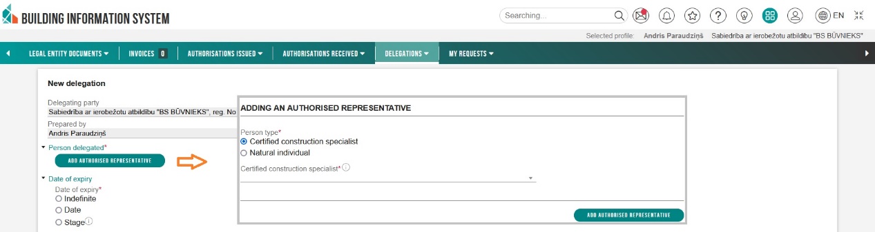 Image. Type of the authorised representative and date of expiry of delegation