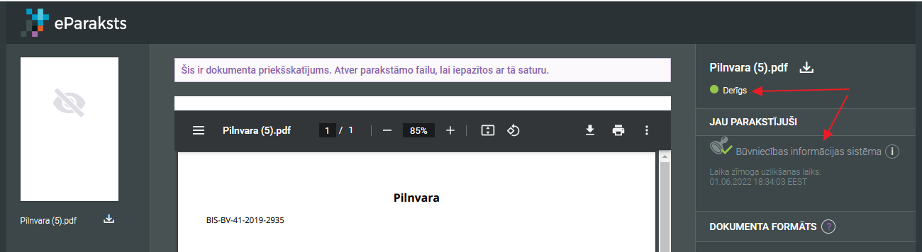 Attēls. Laika zīmoga un sistēmas paraksta pārbaude eParaksts.lv