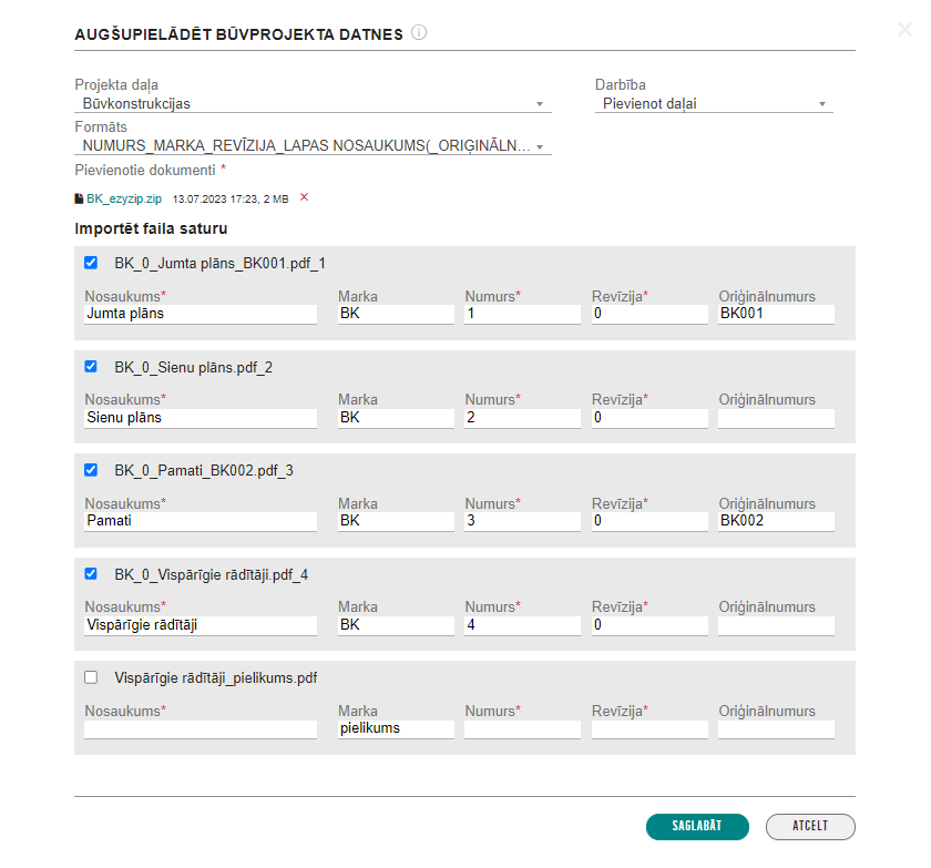 Attēls. Augšupielādēto būvprojekta datņu lauku pārbaude