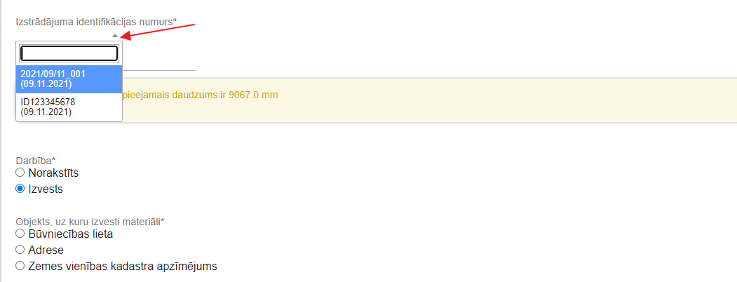 Attēls. Izstrādājuma identifikācijas numura izvēlne.