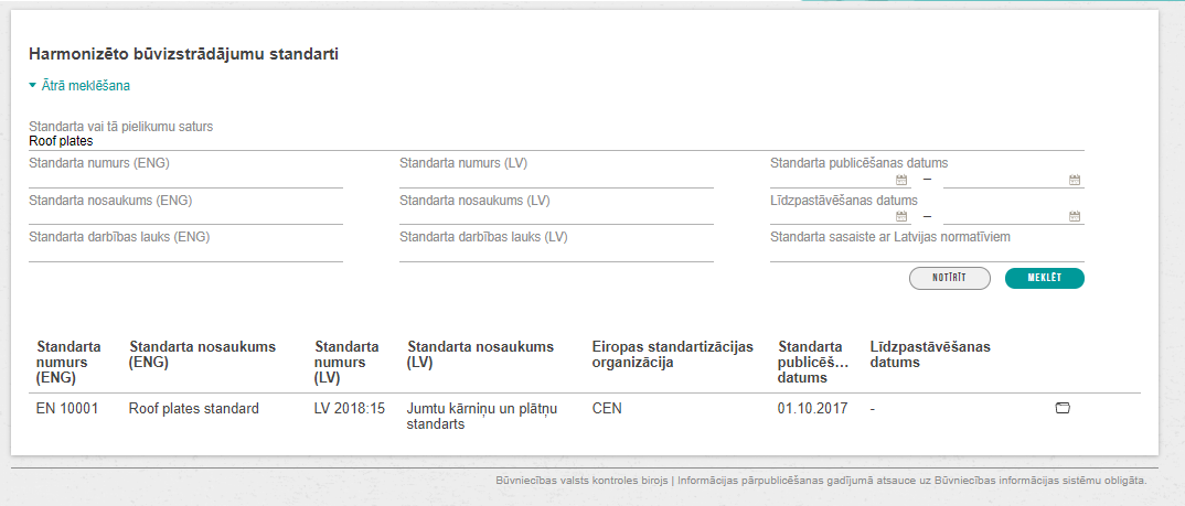 Attēls. Harmonizēto būvizstrādājumu standartu saraksts.