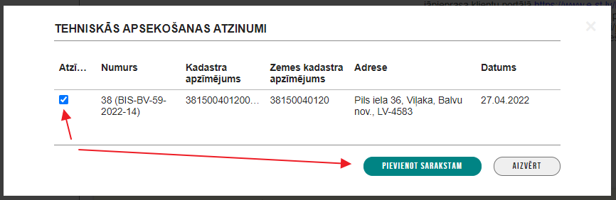 Attēls. Tehniskās apsekošanas atzinuma pievienošana.