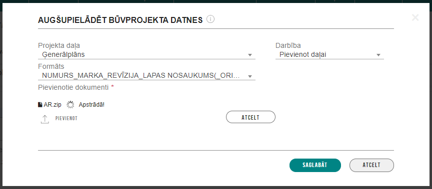 Attēls. “Augšupielādēt būvprojekta datnes” logs