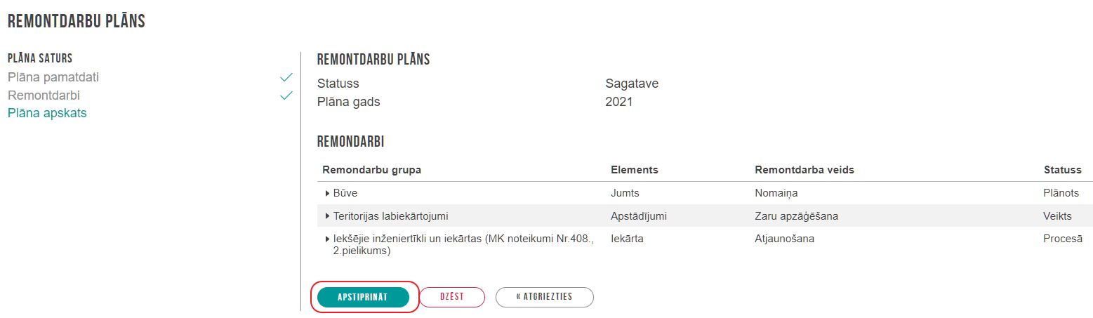 Attēls. Māju lietu remontdarbu plāns. Sadaļa %22Plāna apskats%22