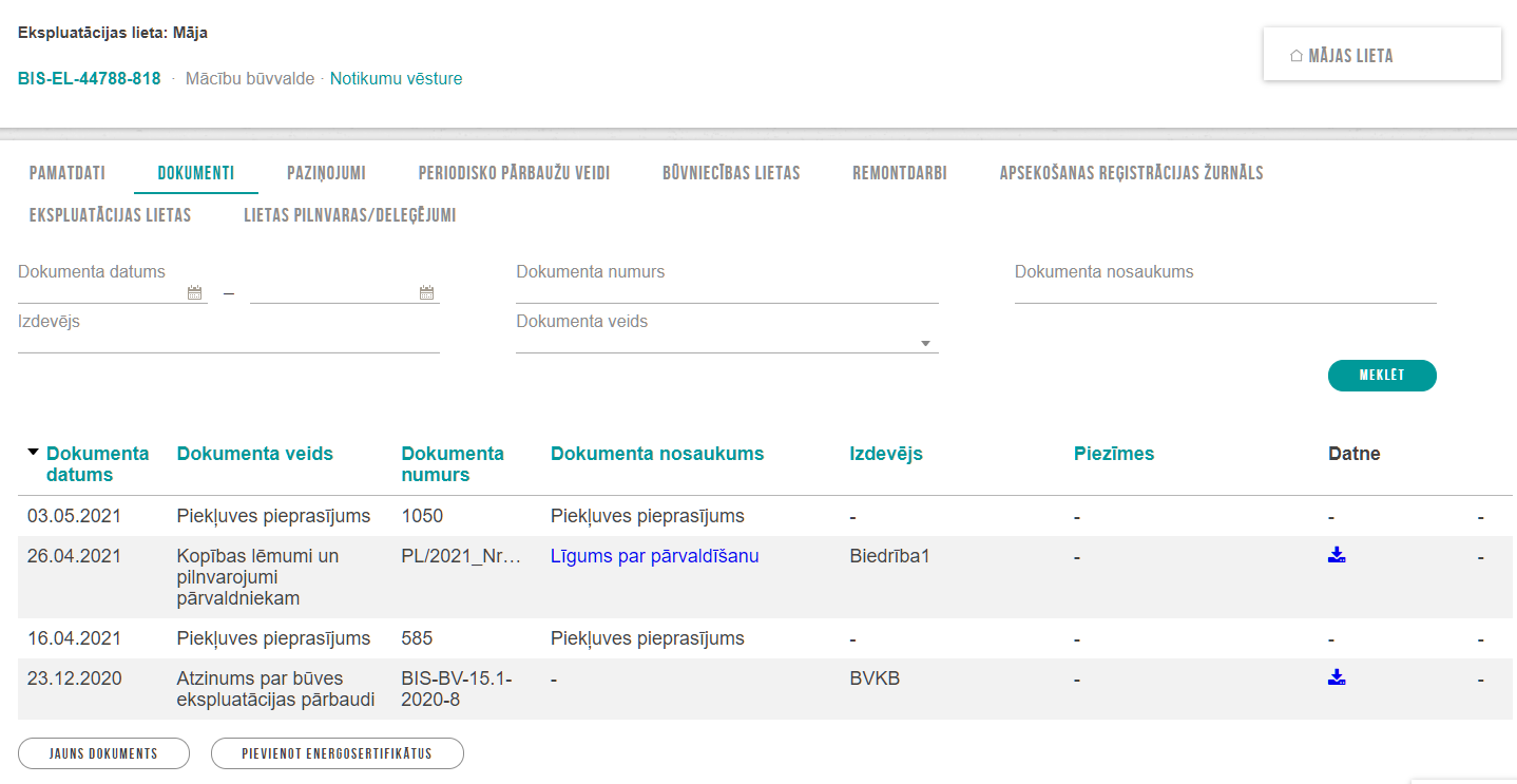 Attēls. Ekspluatācijas lietas. Sadaļa “Dokumenti”.