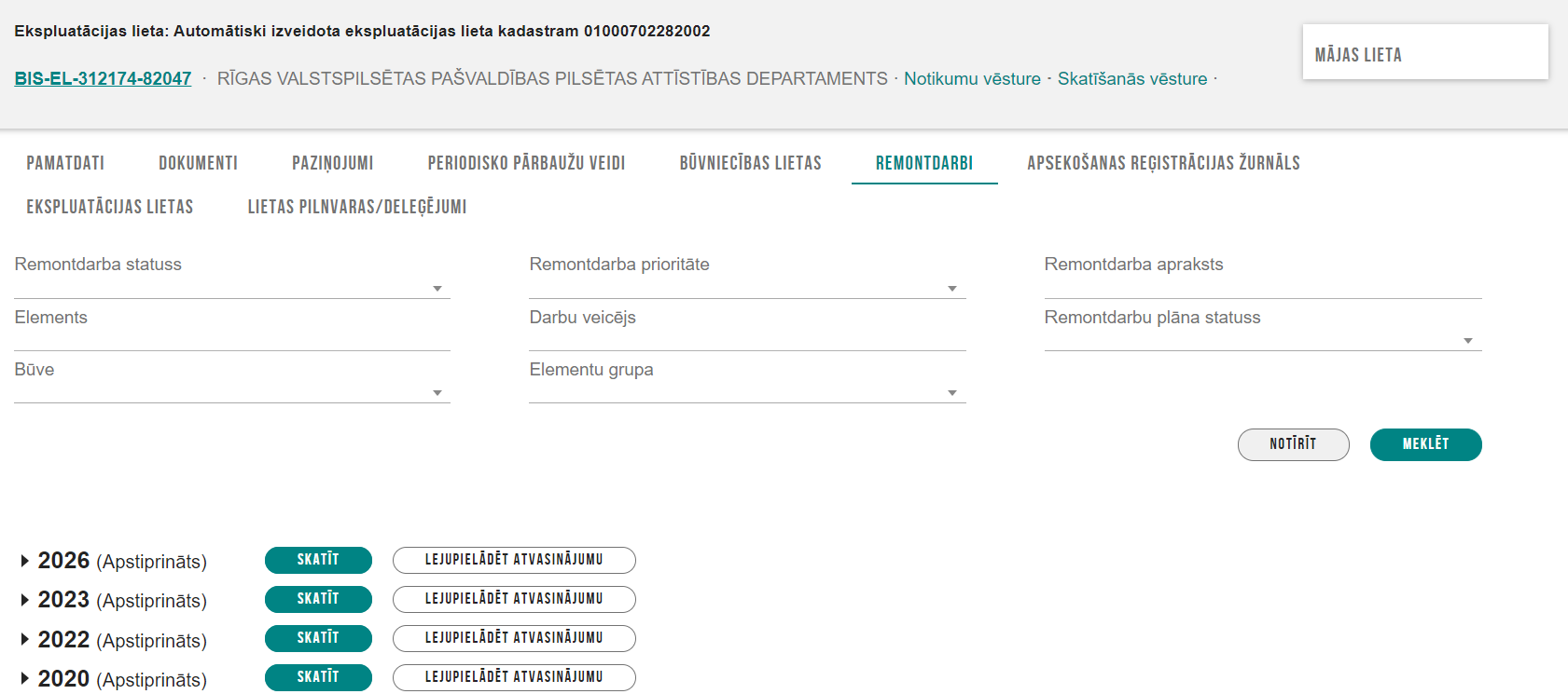 Attēls. Ekspluatācijas lieta. Sadaļa “Remontdarbi”.