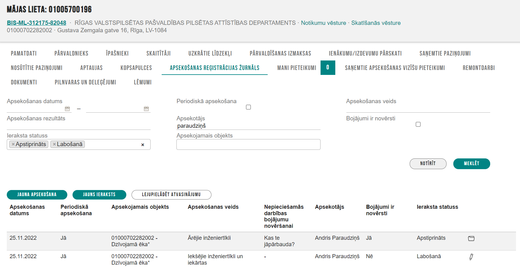 Attēls. Māju lietas. Sadaļa %22Apsekošanas reģistrācijas žurnāls