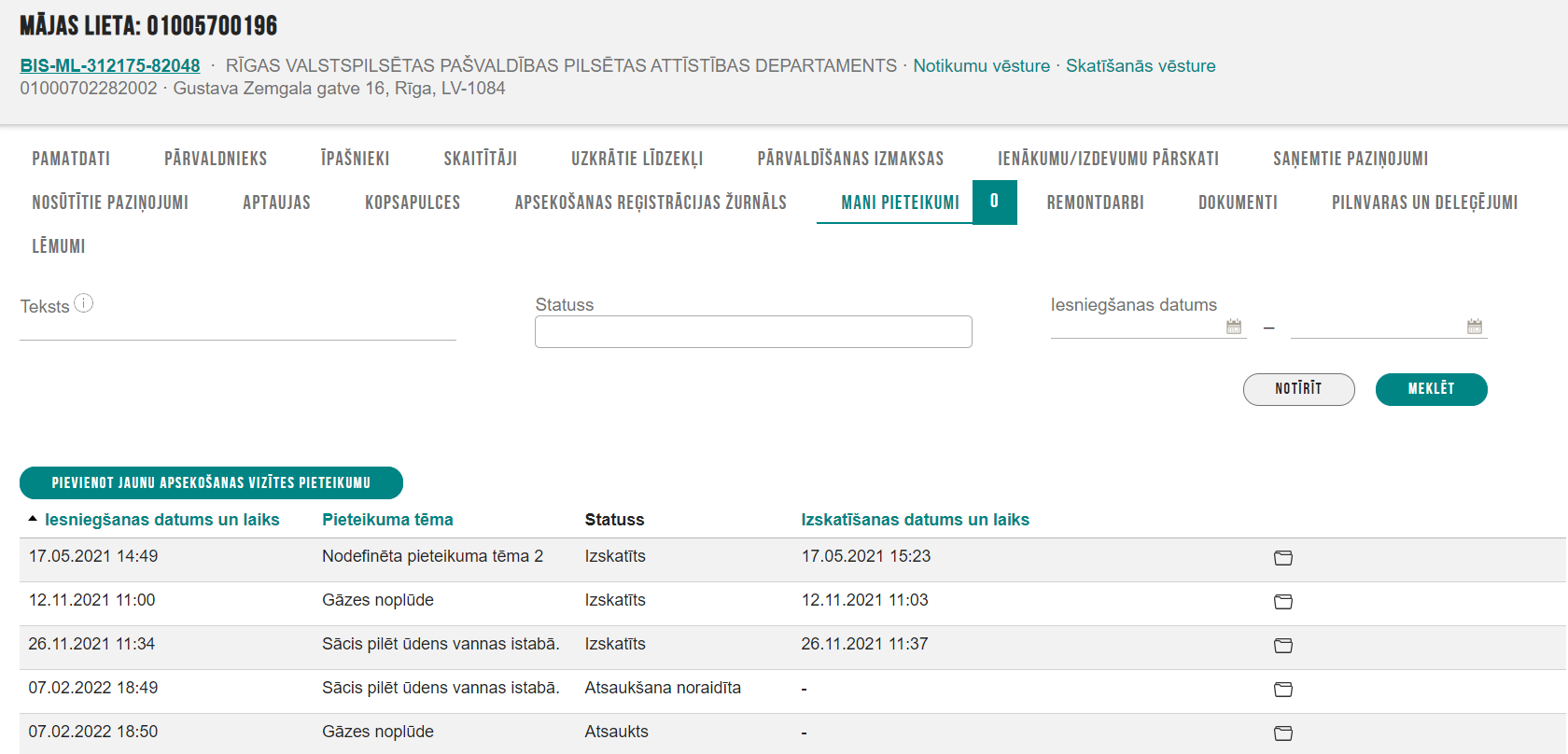 Attēls. Sadaļa %22Mani pieteikumi%22 Māju lietas īpašniekam%22.