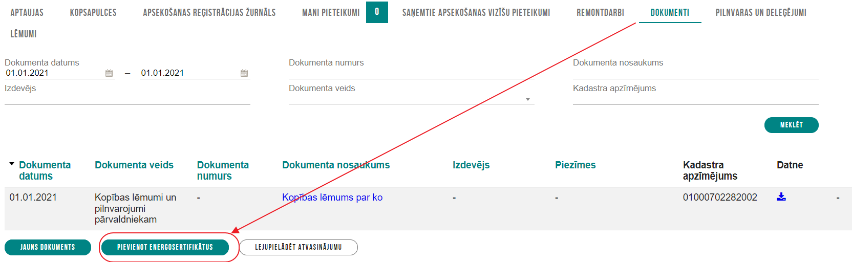 Attēls. Energosertifikāta piesaiste Mājas lietai.