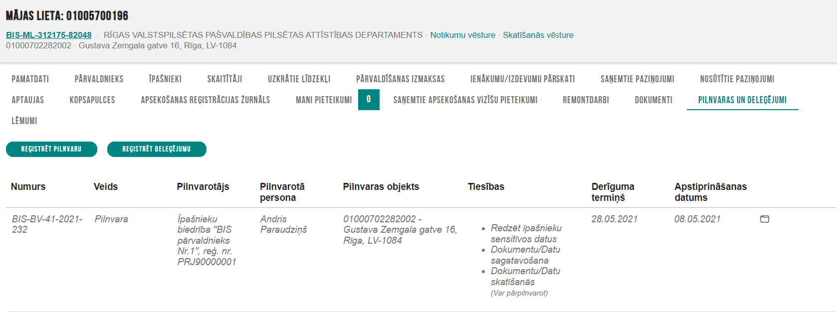 Attēls. Sadaļa %22Lietas pilnvaras/deleģējumi%22