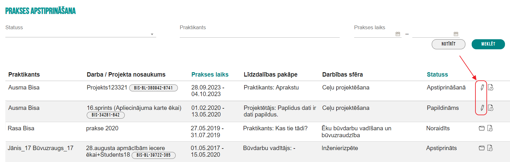 Attēls. Prakses apstiprināšana no atbildīgās personas.