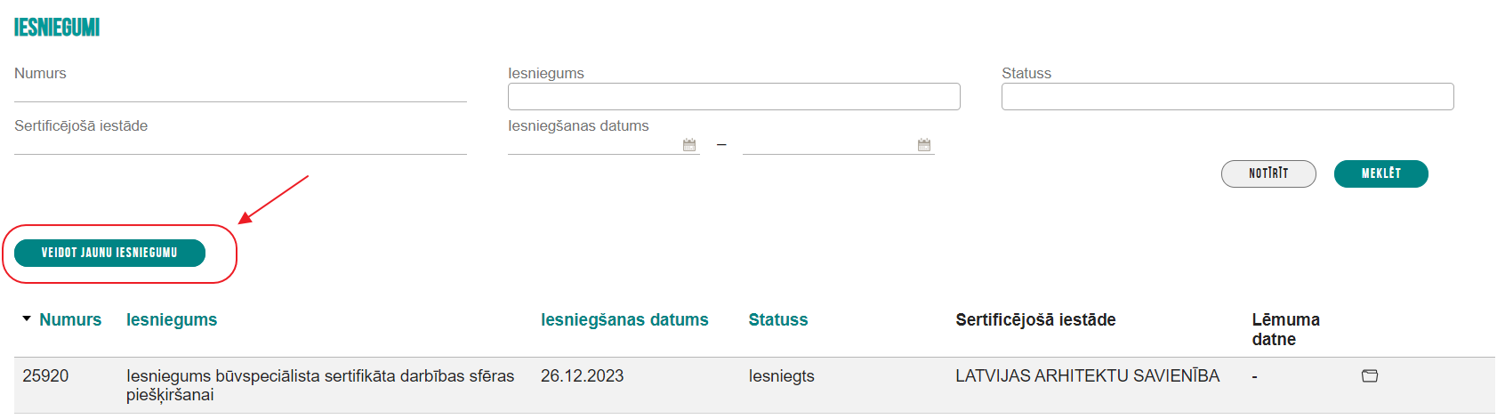 Attēls. Iesnieguma “Būvspeciālista deklarācija piekļuvei ekspluatācijas lietai” izveide.