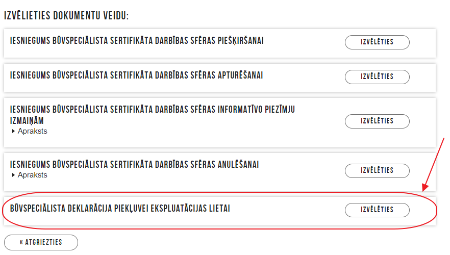 Attēls. Iesnieguma “Būvspeciālista deklarācija piekļuvei ekspluatācijas lietai” izvēle.