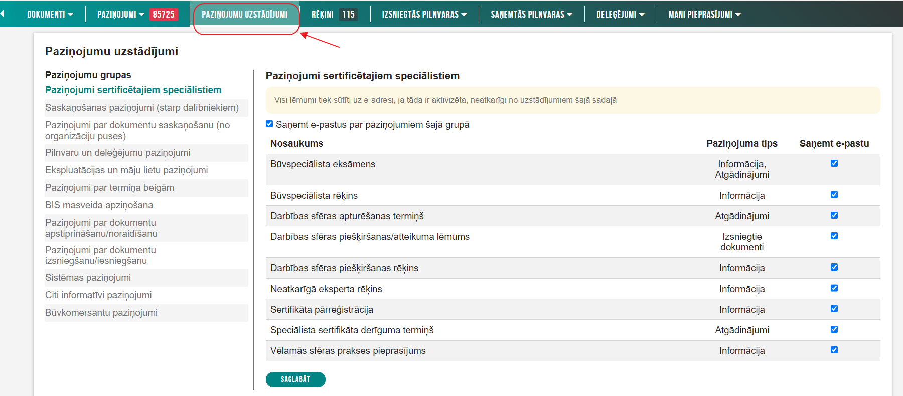 Attēls. Paziņojumu uzstādījumi.