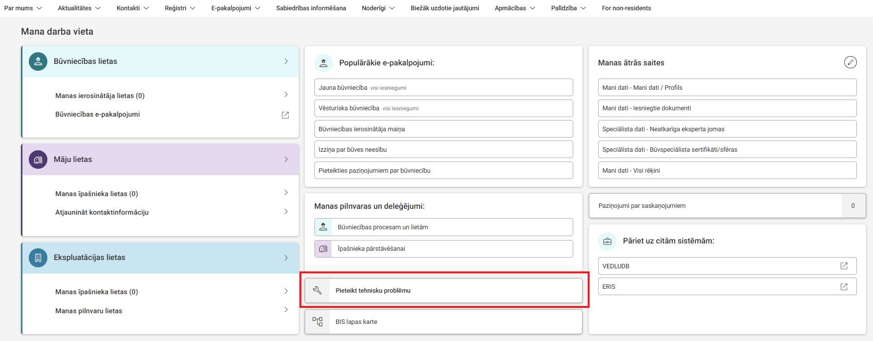 Ekrānšāviņš ar BIS autorizēta lietotāja darba vietas izkārtojumu