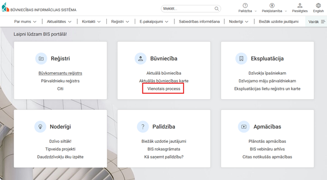 Ekrānšāviņš no BIS mājas lapas sākuma skata ar norādi uz Vienotā procesa informācijas atrašanās vietu